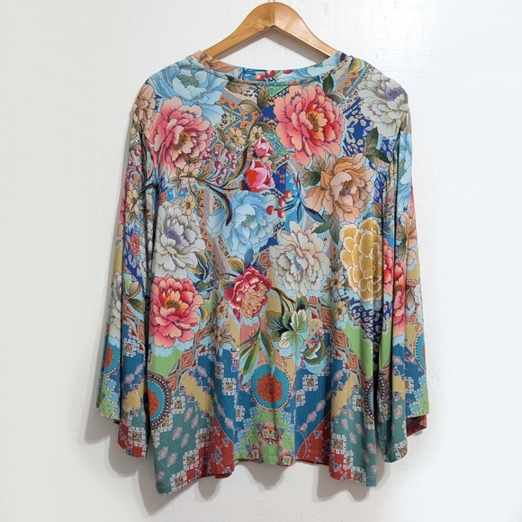 Johnny Was Prisma V-neck Kimono Sleeve Tunic Top Shirt Blouse Floral Flowers XL - Picture 5 of 6